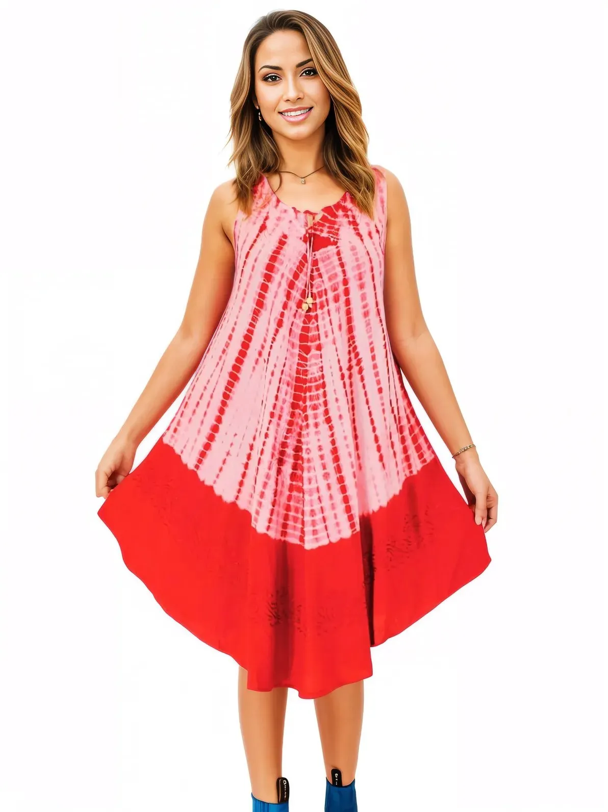 Red Tie-Dye Sleeveless Boho Dress – Lightweight & Embroidered | Tenku Designs