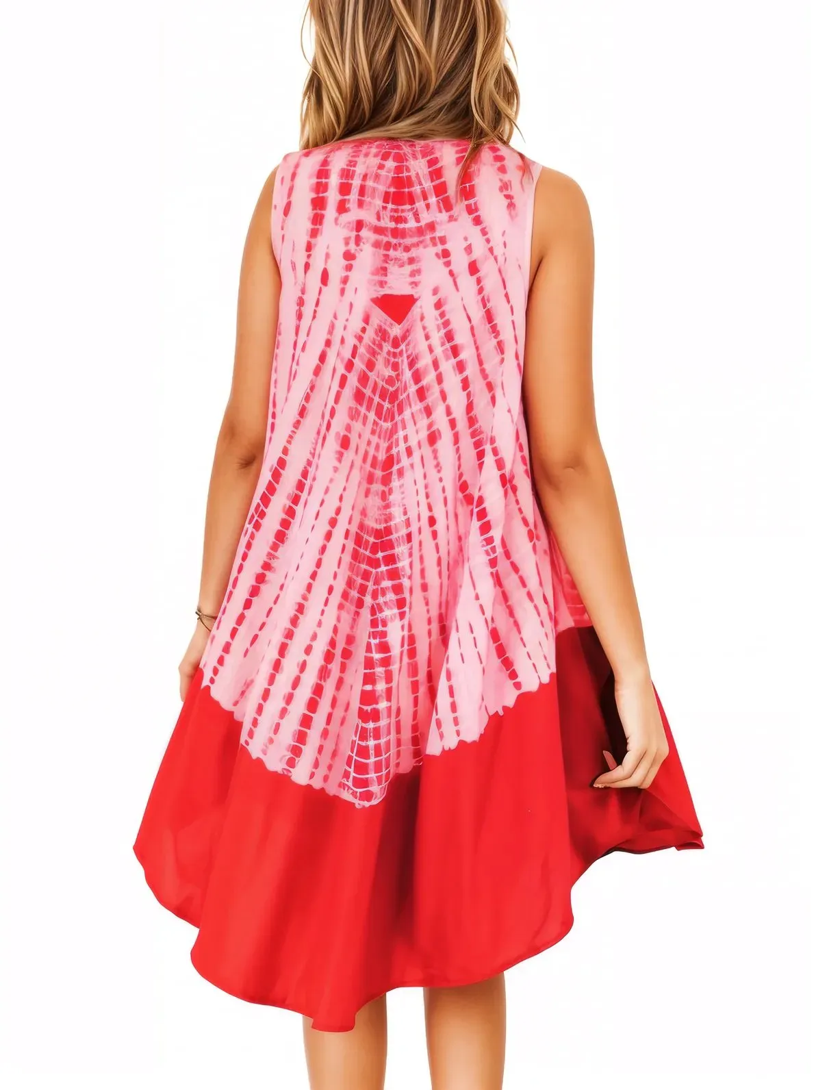 Red Tie-Dye Sleeveless Boho Dress – Lightweight & Embroidered | Tenku Designs
