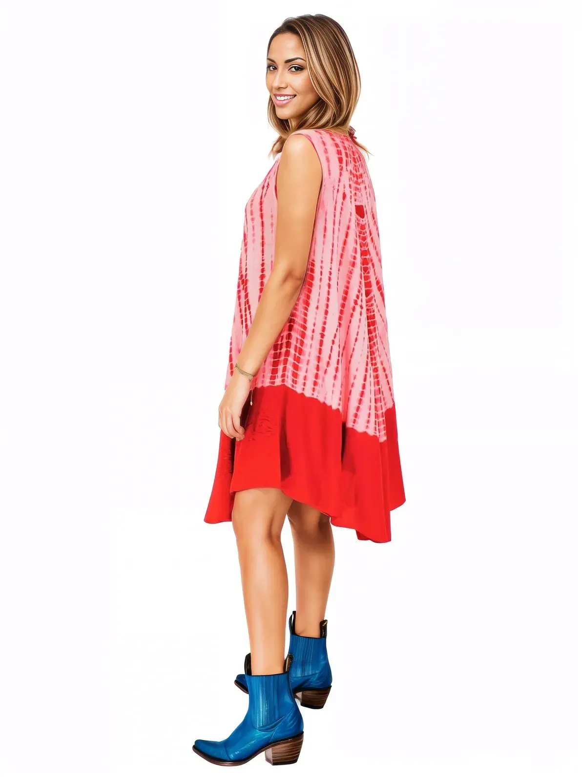 Red Tie-Dye Sleeveless Boho Dress – Lightweight & Embroidered | Tenku Designs