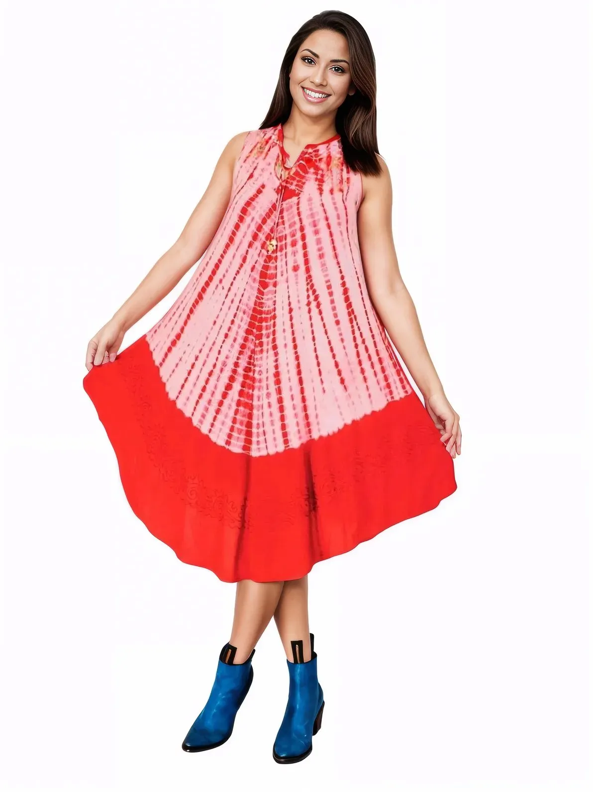 Red Tie-Dye Sleeveless Boho Dress – Lightweight & Embroidered | Tenku Designs