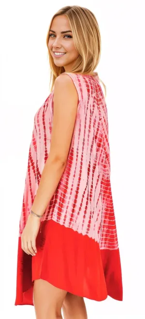 Red Tie-Dye Sleeveless Boho Dress – Lightweight & Embroidered | Tenku Designs