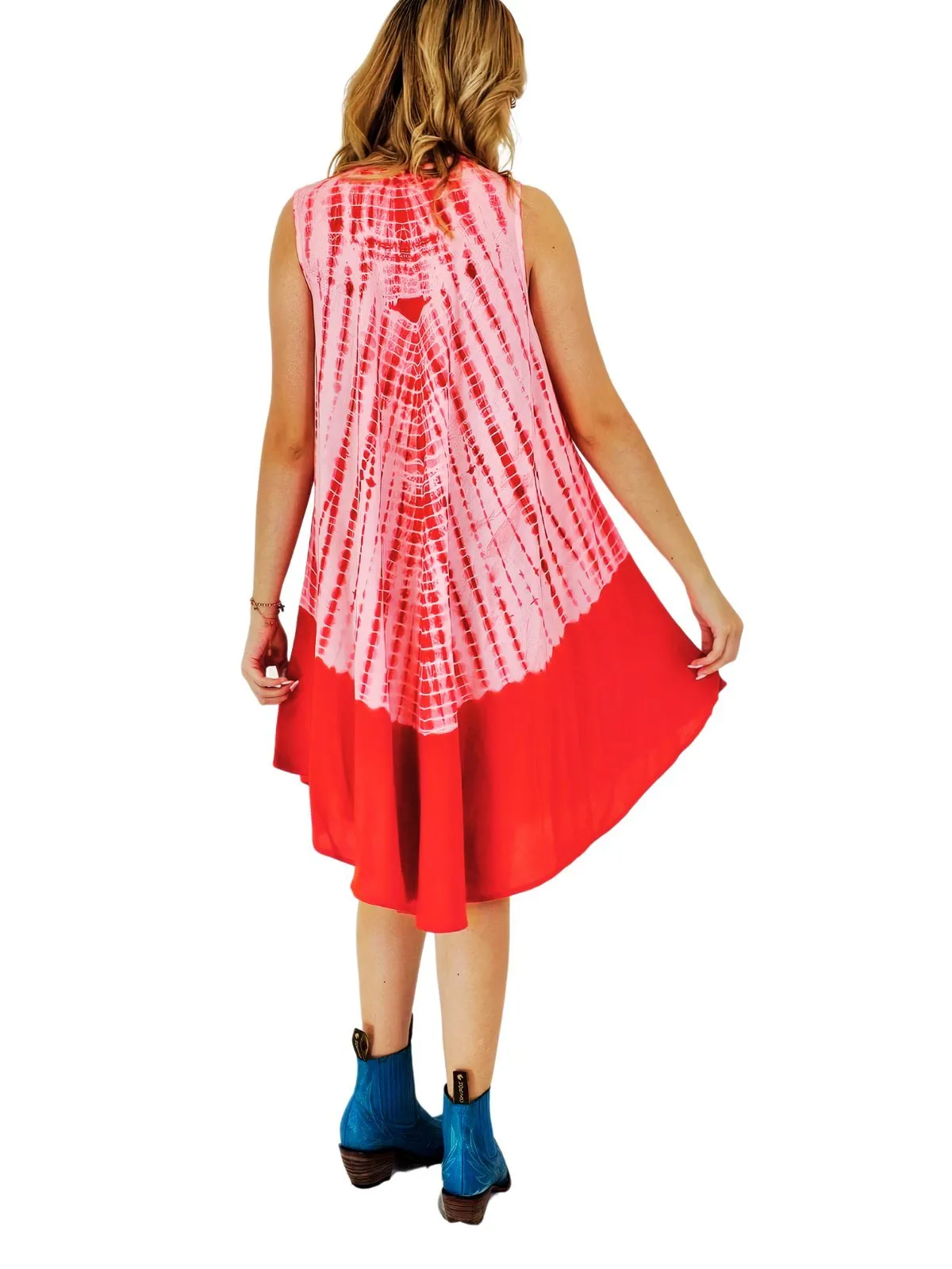 Red Tie-Dye Sleeveless Boho Dress – Lightweight & Embroidered | Tenku Designs