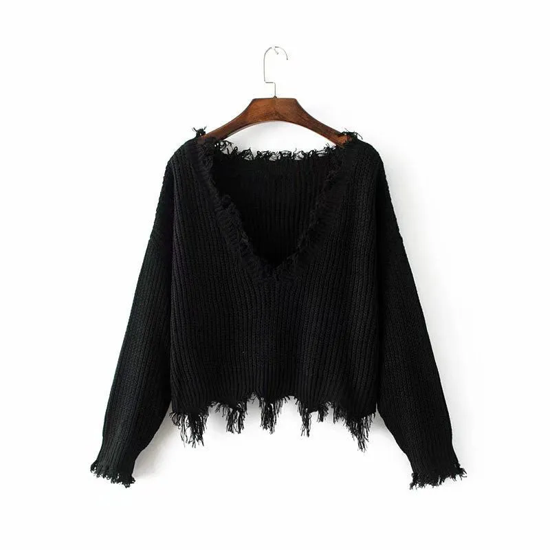 Rough Edge Big Neckline Irregular Short Sweater