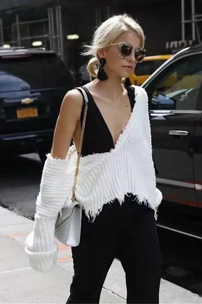 Rough Edge Big Neckline Irregular Short Sweater