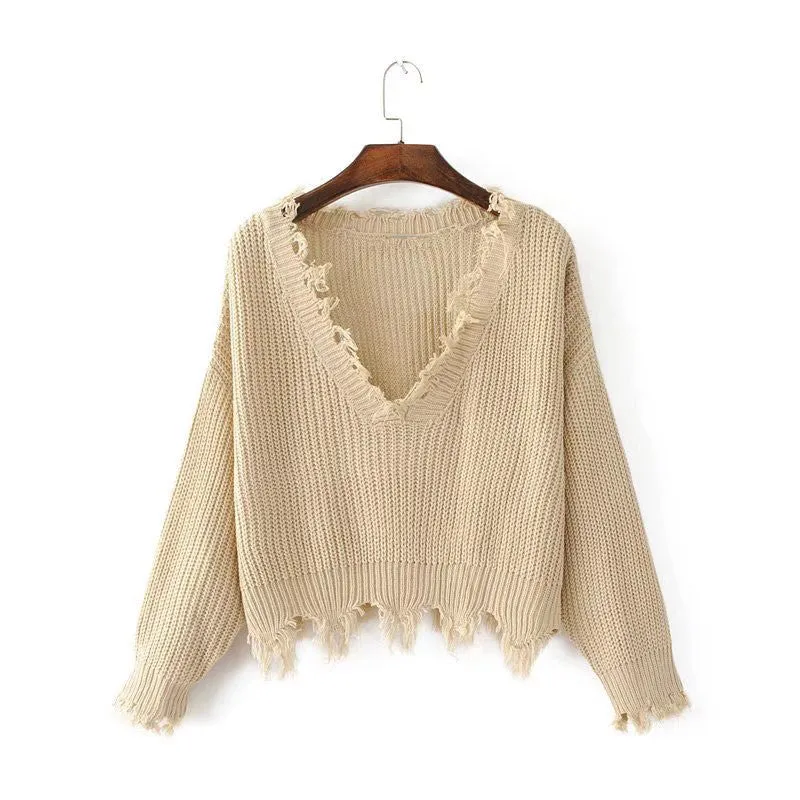 Rough Edge Big Neckline Irregular Short Sweater