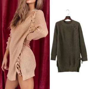 Scoop Pure Color Long Sleeves Long Split Sweater