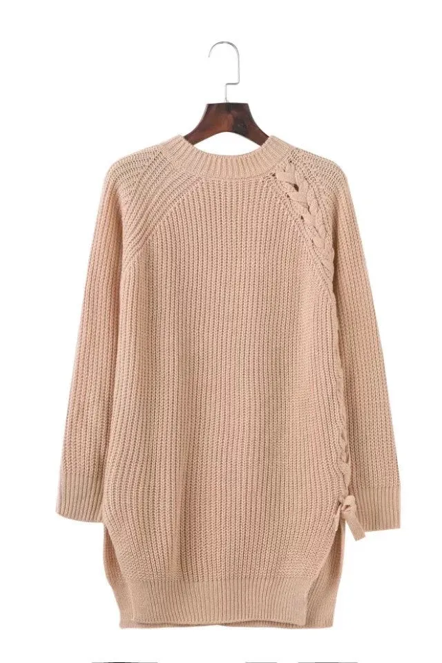 Scoop Pure Color Long Sleeves Long Split Sweater