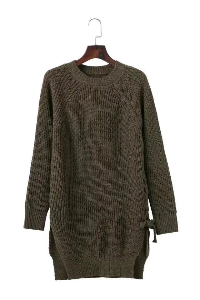 Scoop Pure Color Long Sleeves Long Split Sweater