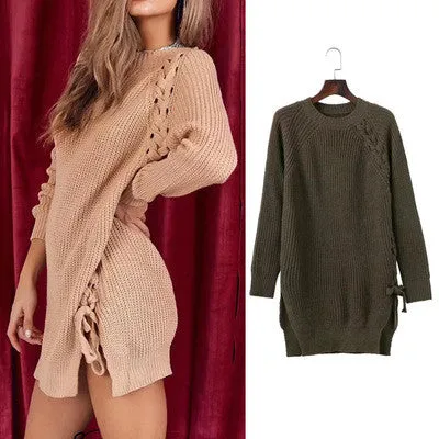 Scoop Pure Color Long Sleeves Long Split Sweater
