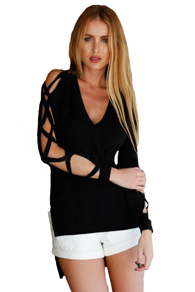 Sexy Fashionable V Neck Crisscross Hollow-out Long Sleeves Top