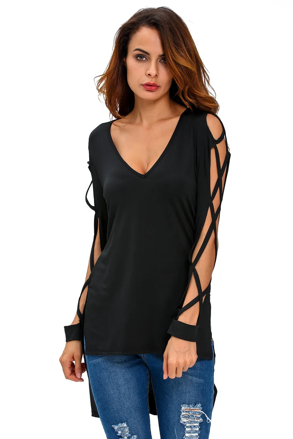 Sexy Fashionable V Neck Crisscross Hollow-out Long Sleeves Top