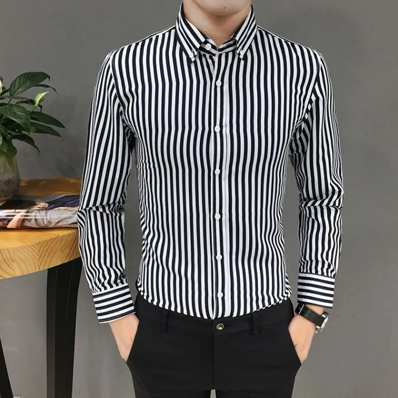 Shirt Men Long Sleeved Korean Trendy Stylish Three-Quarter Length Sleeves Half Sleeved Tops Casual Striped White Men Shirt
