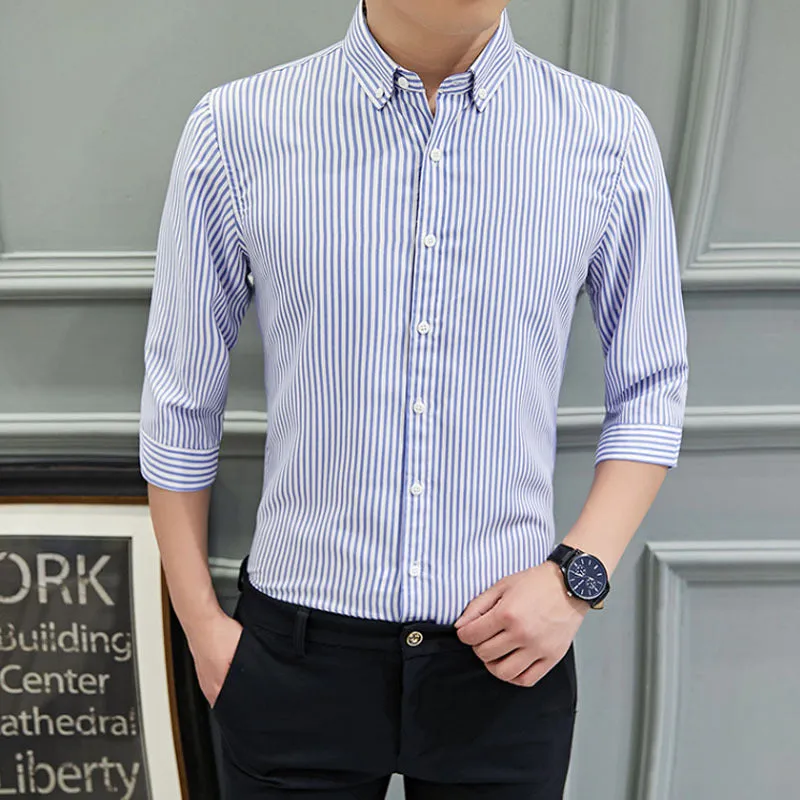 Shirt Men Long Sleeved Korean Trendy Stylish Three-Quarter Length Sleeves Half Sleeved Tops Casual Striped White Men Shirt