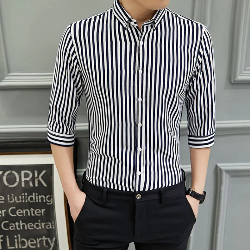 Shirt Men Long Sleeved Korean Trendy Stylish Three-Quarter Length Sleeves Half Sleeved Tops Casual Striped White Men Shirt