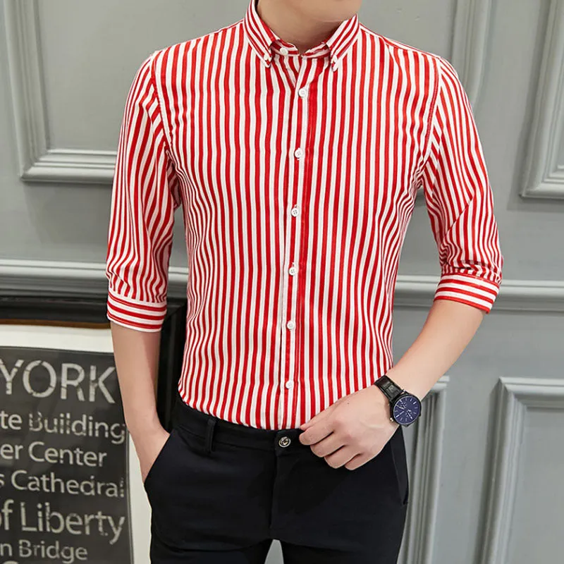 Shirt Men Long Sleeved Korean Trendy Stylish Three-Quarter Length Sleeves Half Sleeved Tops Casual Striped White Men Shirt