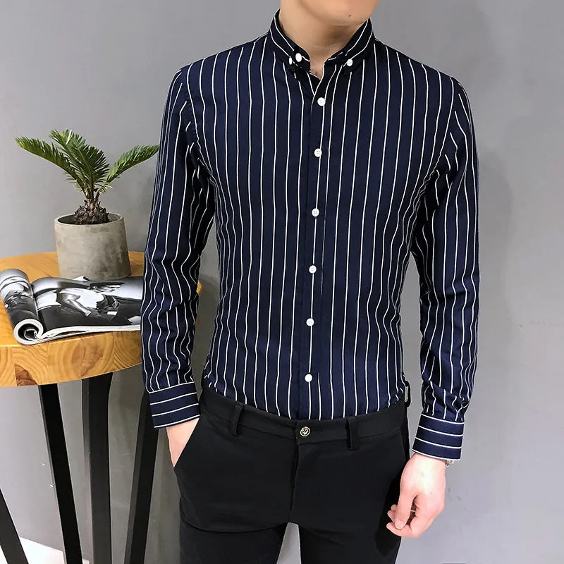 Shirt Men Long Sleeved Korean Trendy Stylish Three-Quarter Length Sleeves Half Sleeved Tops Casual Striped White Men Shirt