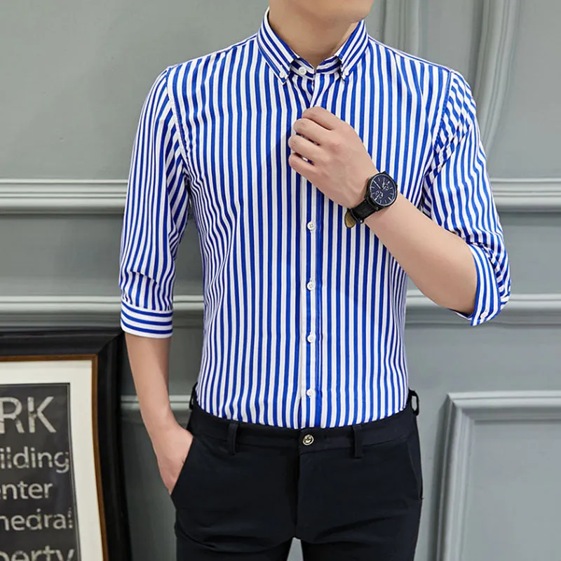Shirt Men Long Sleeved Korean Trendy Stylish Three-Quarter Length Sleeves Half Sleeved Tops Casual Striped White Men Shirt