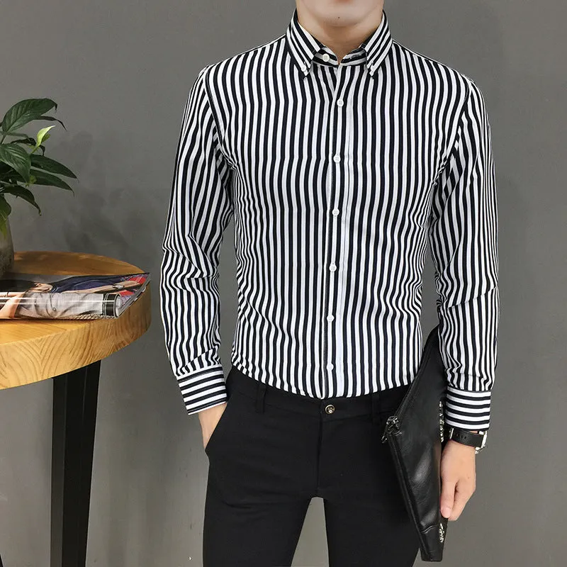 Shirt Men Long Sleeved Korean Trendy Stylish Three-Quarter Length Sleeves Half Sleeved Tops Casual Striped White Men Shirt