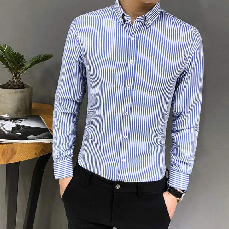 Shirt Men Long Sleeved Korean Trendy Stylish Three-Quarter Length Sleeves Half Sleeved Tops Casual Striped White Men Shirt