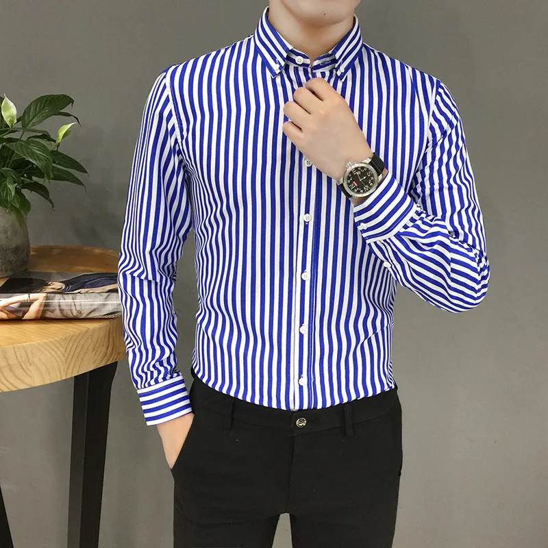 Shirt Men Long Sleeved Korean Trendy Stylish Three-Quarter Length Sleeves Half Sleeved Tops Casual Striped White Men Shirt
