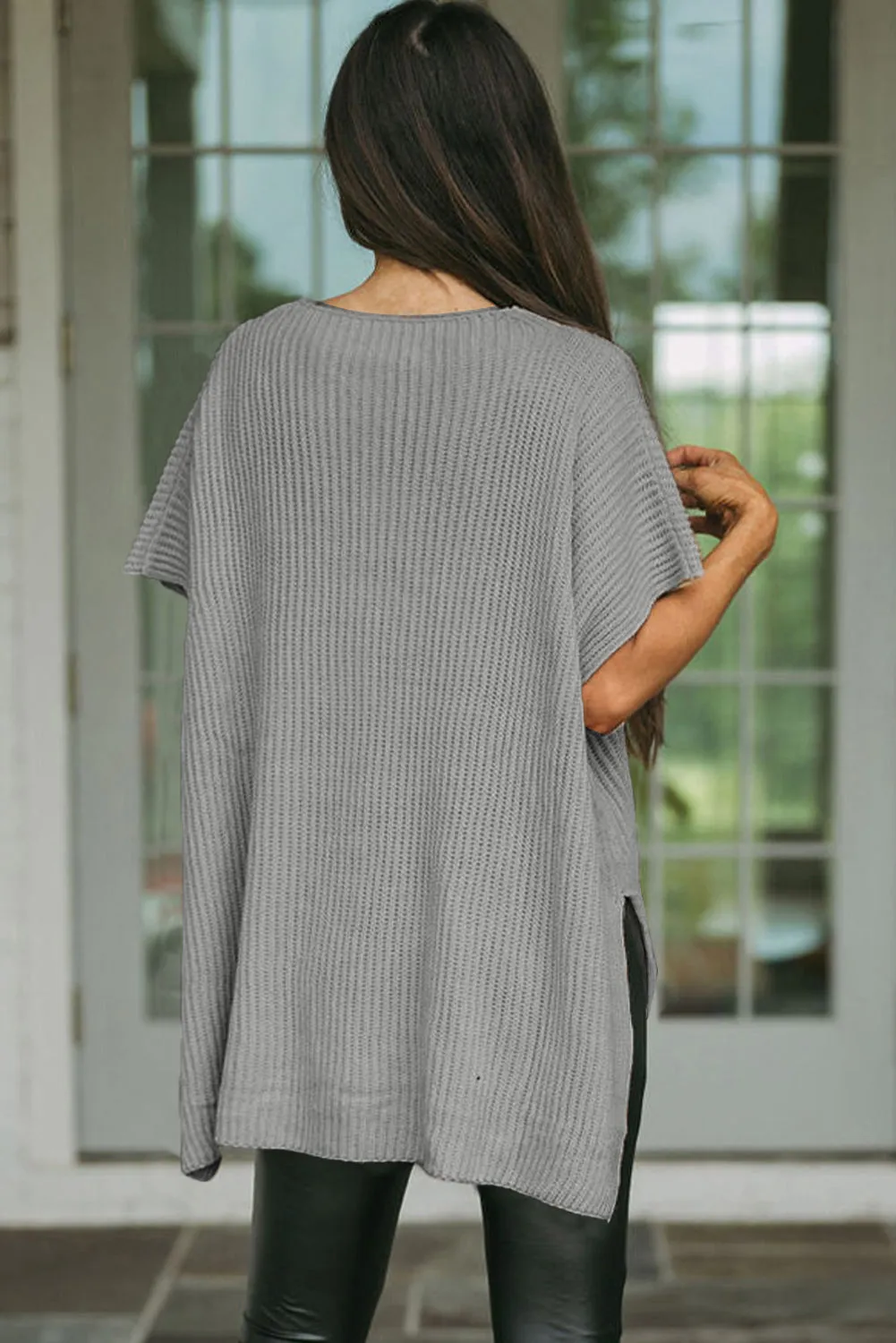 Short Sleeve Side Slit Oversized Sweater