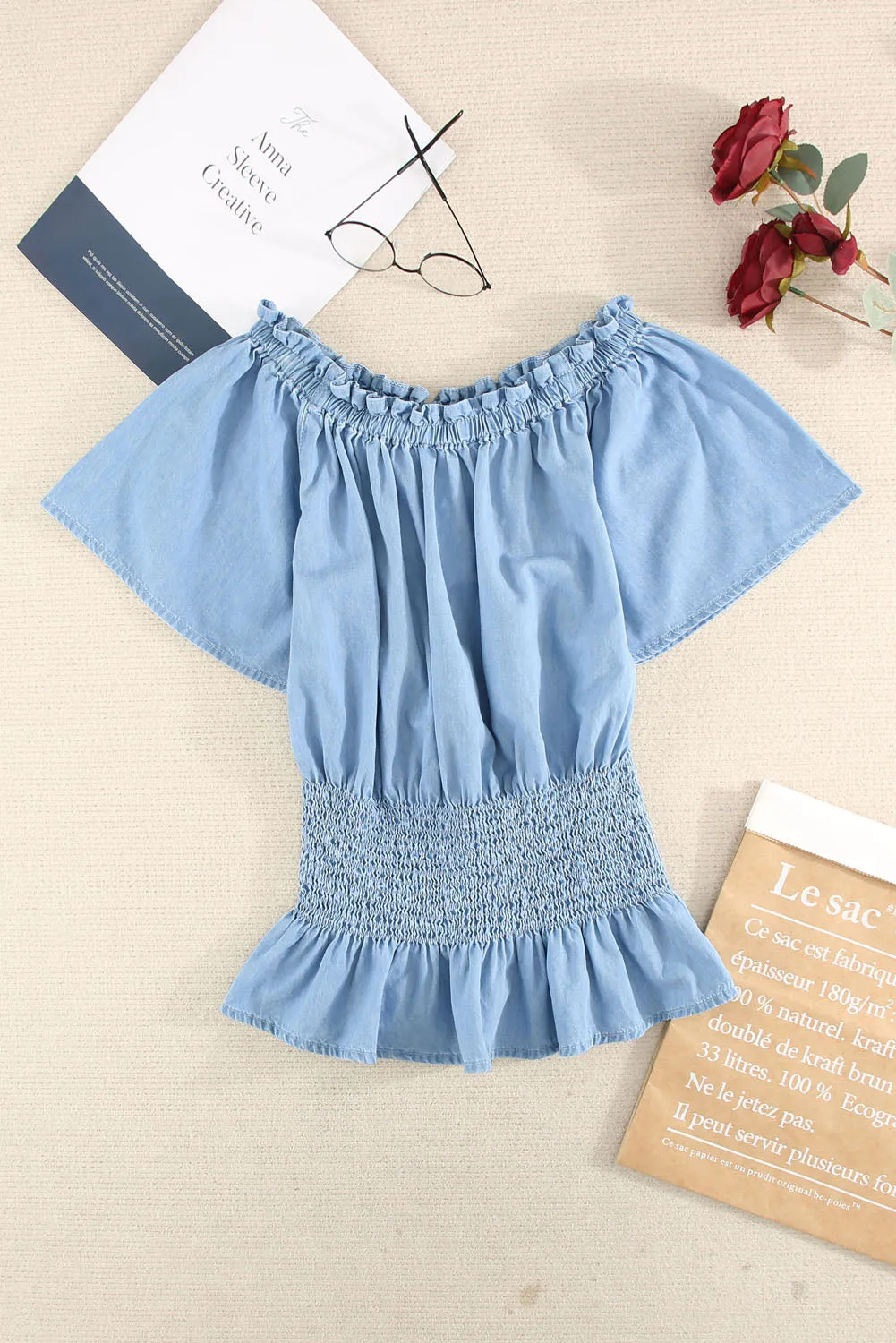 Sky Blue Smocked Waist Off The Shoulder Top
