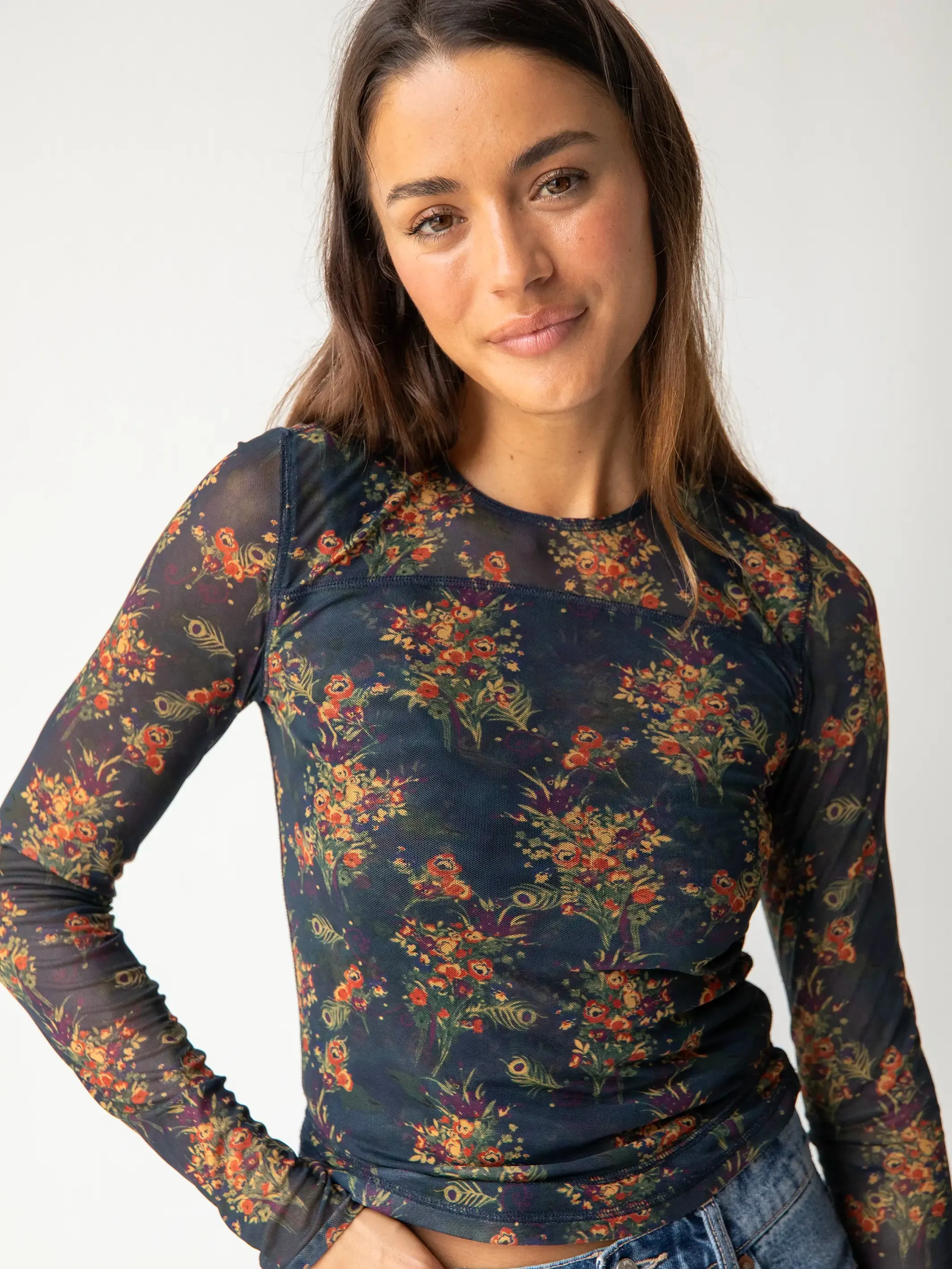 Sloane Mesh Long Sleeve Top - Navy Red Feathers