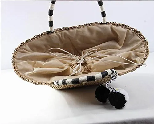 Straw Bag Handmade Beach Handbag Summer Bag Lightweight With Balls