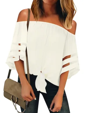 Utyful Women's Casual Off Shoulder Mesh Panel 3/4 Bell Sleeve Front Knot Loose Blouse Top