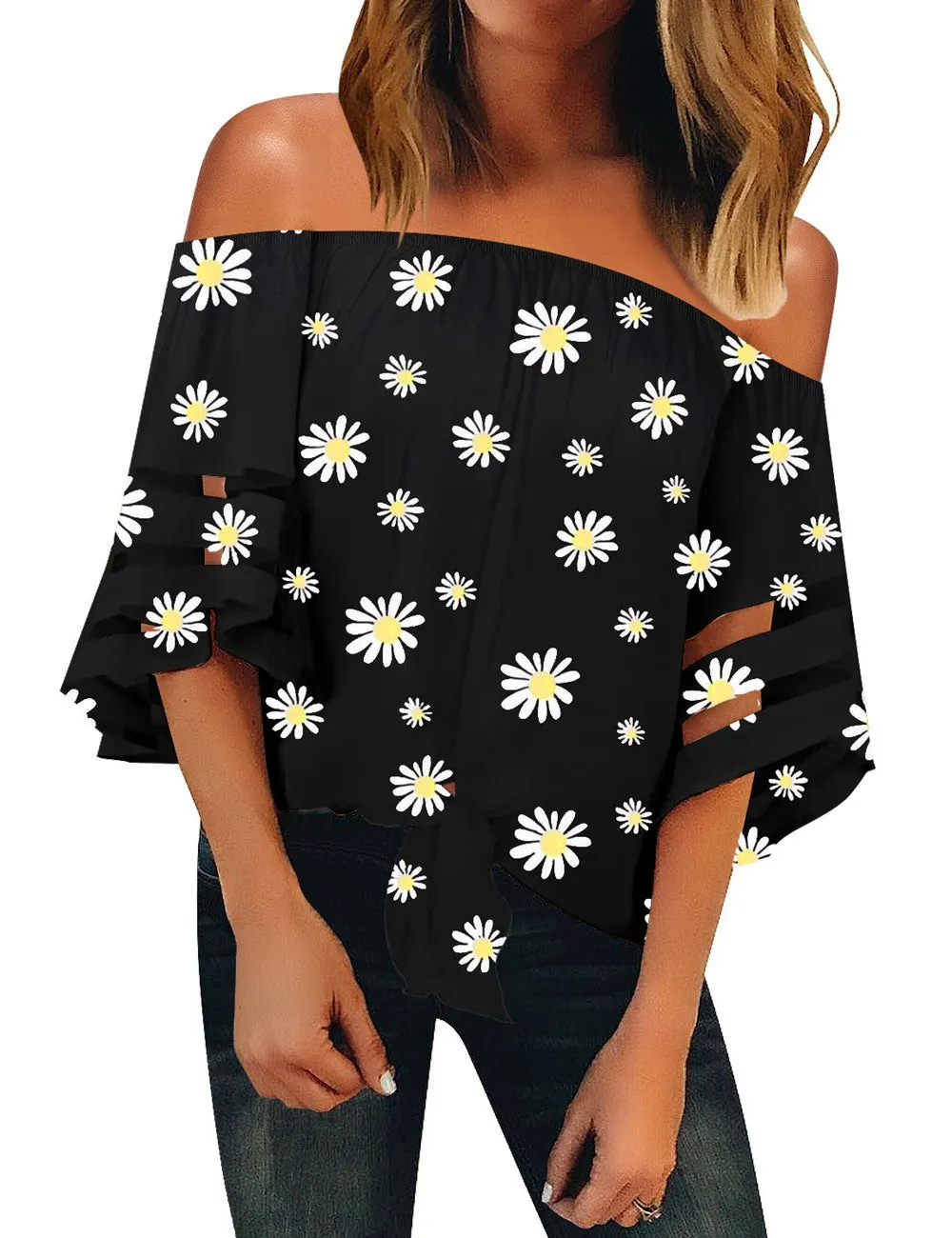 Utyful Women's Casual Off Shoulder Mesh Panel 3/4 Bell Sleeve Front Knot Loose Blouse Top