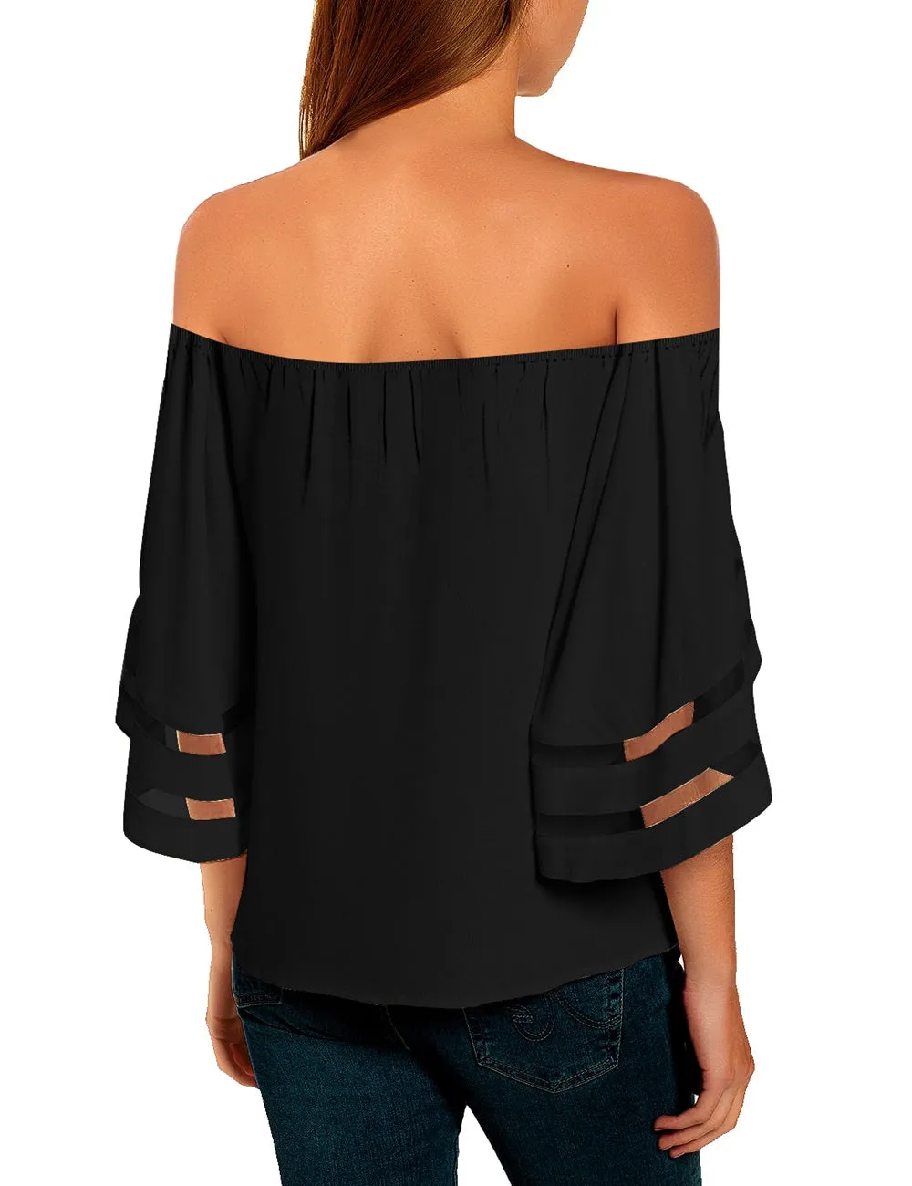 Utyful Women's Casual Off Shoulder Mesh Panel 3/4 Bell Sleeve Front Knot Loose Blouse Top