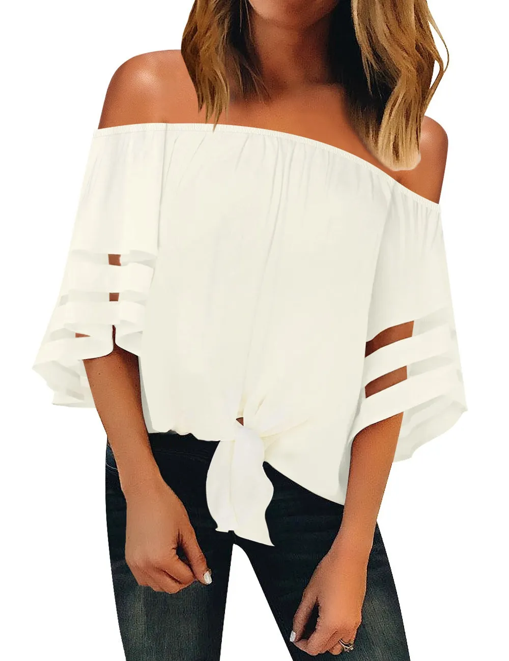 Utyful Women's Casual Off Shoulder Mesh Panel 3/4 Bell Sleeve Front Knot Loose Blouse Top