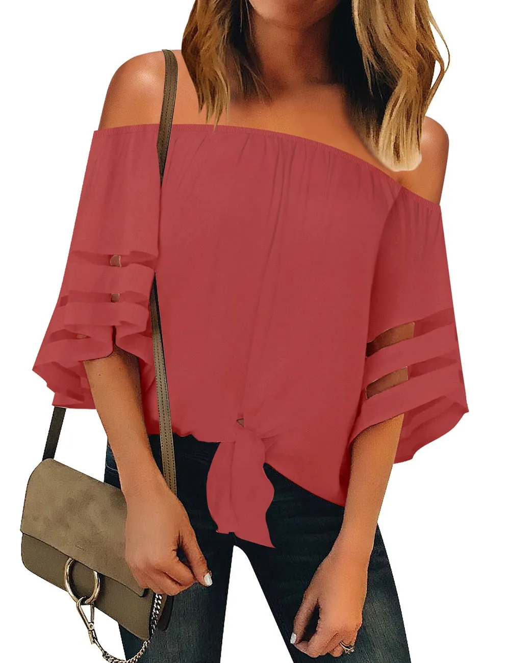 Utyful Women's Casual Off Shoulder Mesh Panel 3/4 Bell Sleeve Front Knot Loose Blouse Top