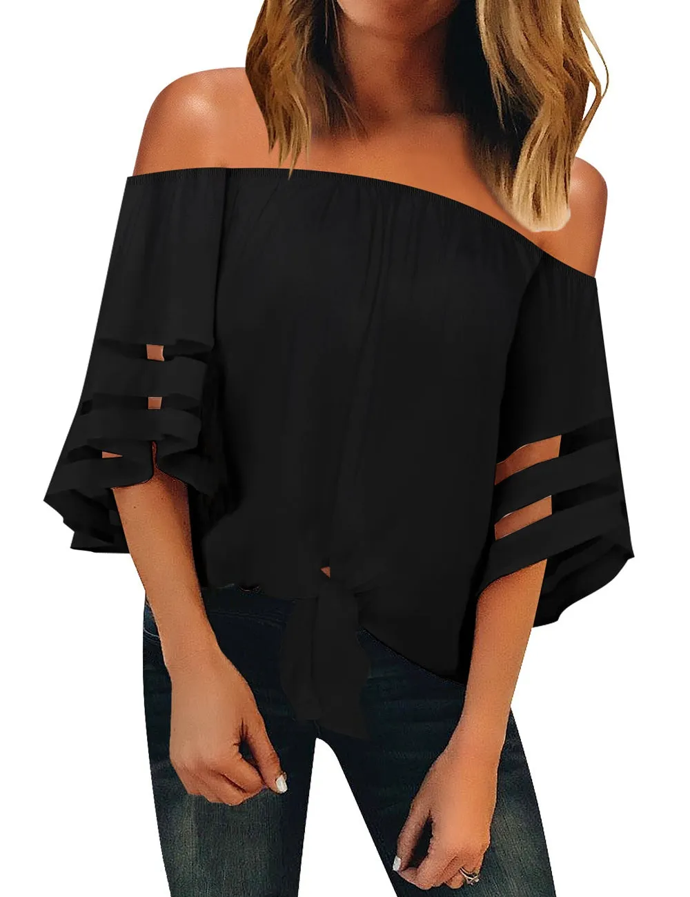 Utyful Women's Casual Off Shoulder Mesh Panel 3/4 Bell Sleeve Front Knot Loose Blouse Top