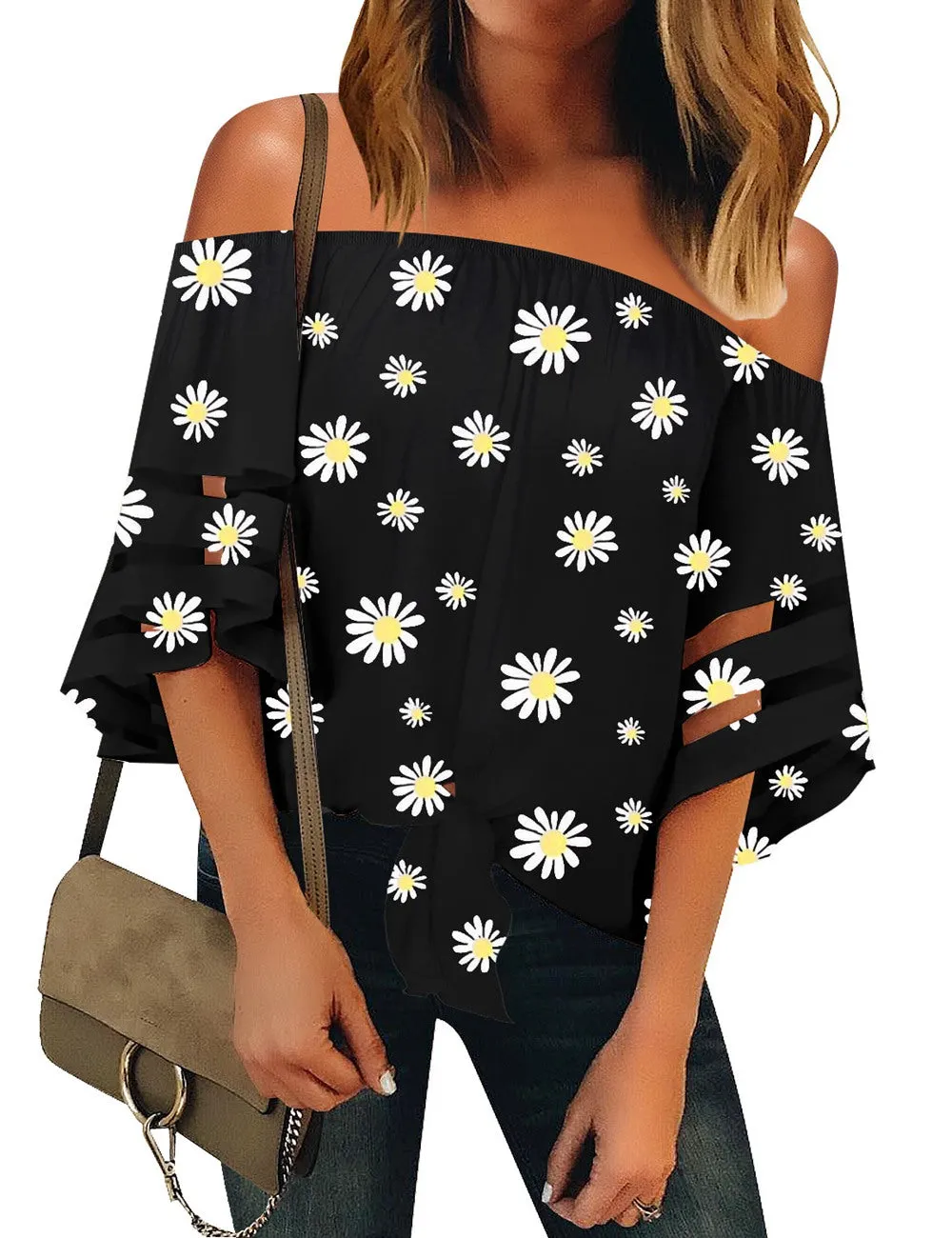 Utyful Women's Casual Off Shoulder Mesh Panel 3/4 Bell Sleeve Front Knot Loose Blouse Top