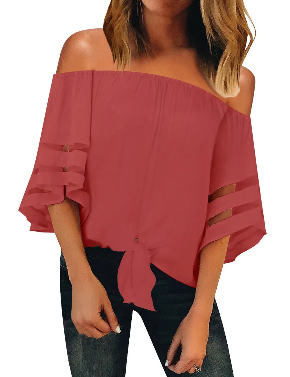 Utyful Women's Casual Off Shoulder Mesh Panel 3/4 Bell Sleeve Front Knot Loose Blouse Top
