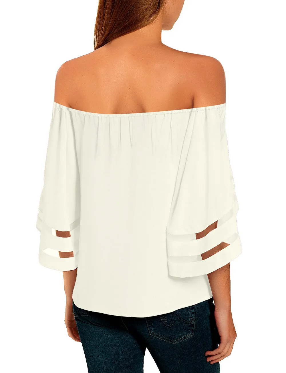 Utyful Women's Casual Off Shoulder Mesh Panel 3/4 Bell Sleeve Front Knot Loose Blouse Top