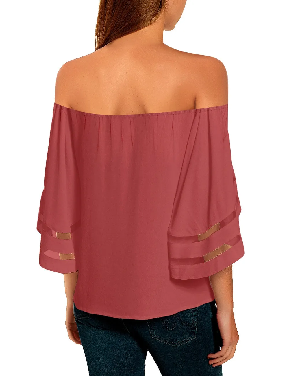 Utyful Women's Casual Off Shoulder Mesh Panel 3/4 Bell Sleeve Front Knot Loose Blouse Top