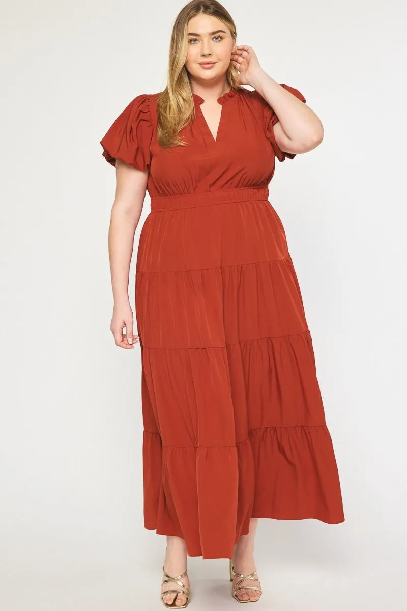 V-Neck Bubble Sleeve Tiered Midi Dress