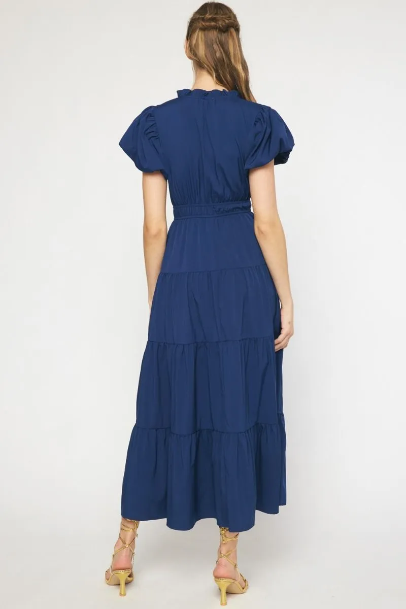 V-Neck Bubble Sleeve Tiered Midi Dress