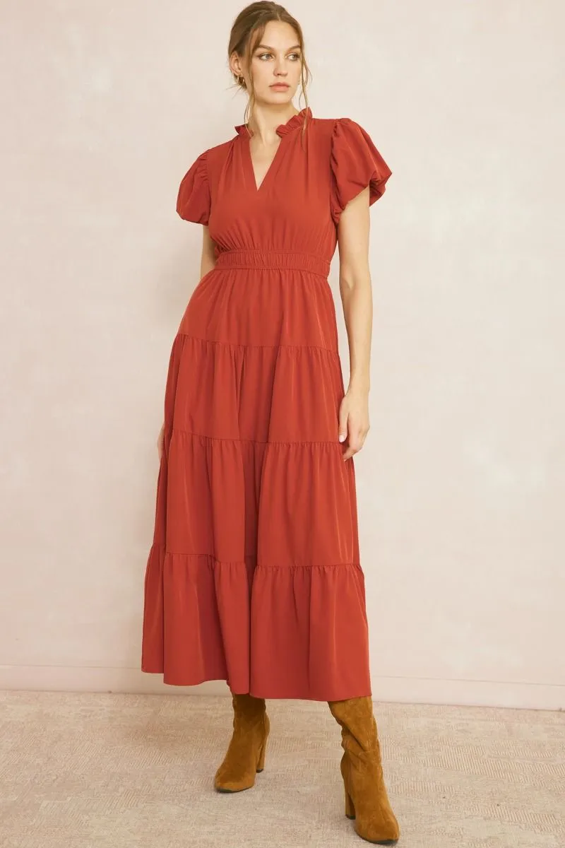 V-Neck Bubble Sleeve Tiered Midi Dress