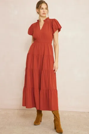 V-Neck Bubble Sleeve Tiered Midi Dress