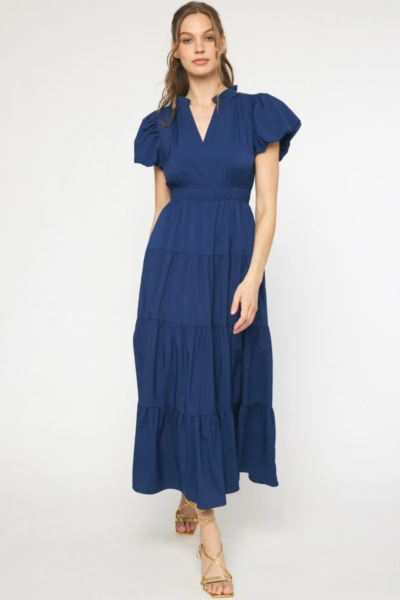 V-Neck Bubble Sleeve Tiered Midi Dress