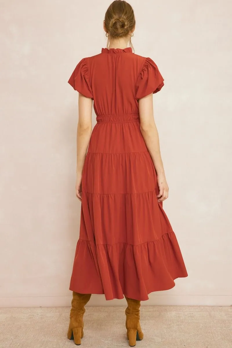 V-Neck Bubble Sleeve Tiered Midi Dress
