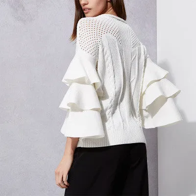 V-neck Pure Color Long Trumpet Sleeves Loose Sweater