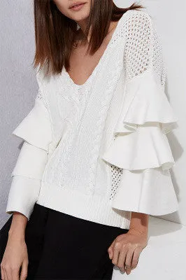 V-neck Pure Color Long Trumpet Sleeves Loose Sweater