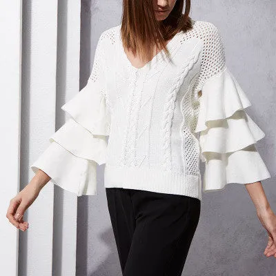 V-neck Pure Color Long Trumpet Sleeves Loose Sweater