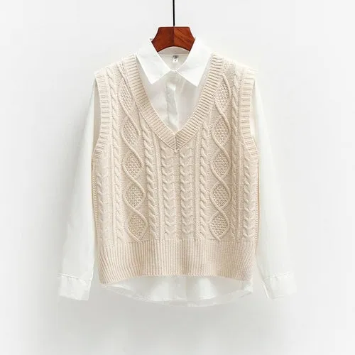 Vest Women Solid Short Loose Trendy Korean Style Sleeveless Knitted V