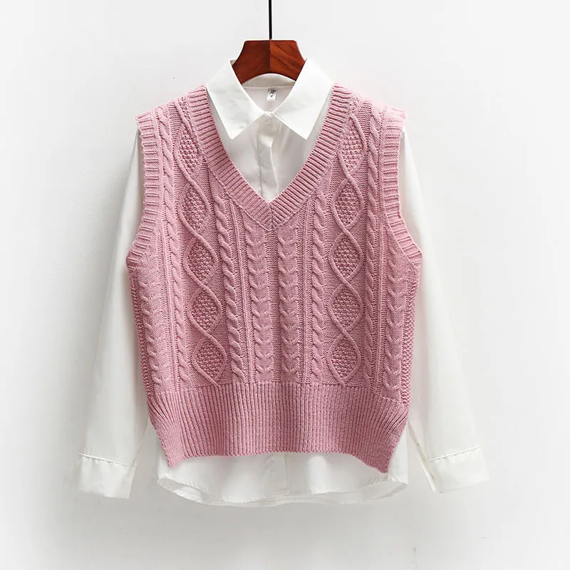Vest Women Solid Short Loose Trendy Korean Style Sleeveless Knitted V