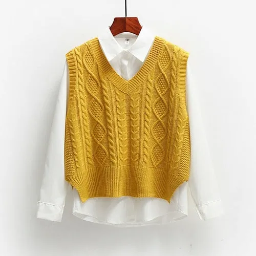 Vest Women Solid Short Loose Trendy Korean Style Sleeveless Knitted V